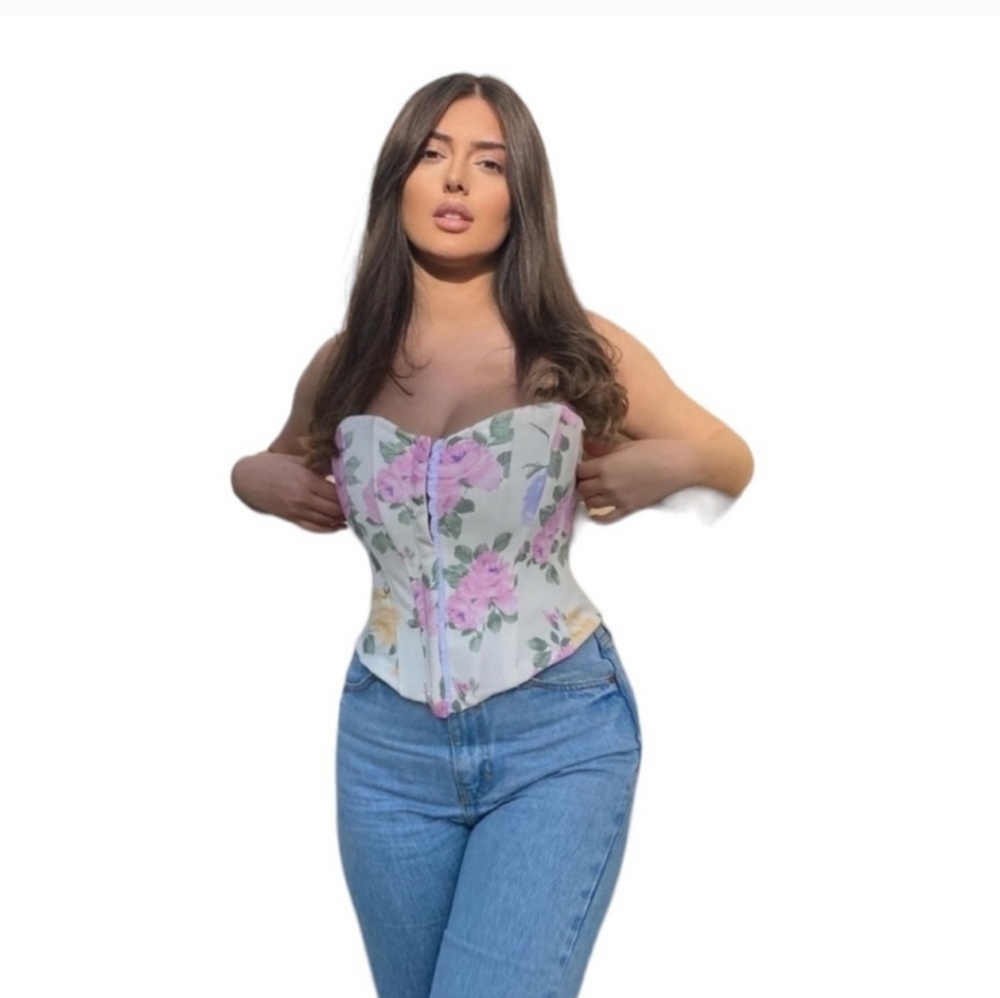 ZARA Floral Corset top strapless straight neckline hook closure